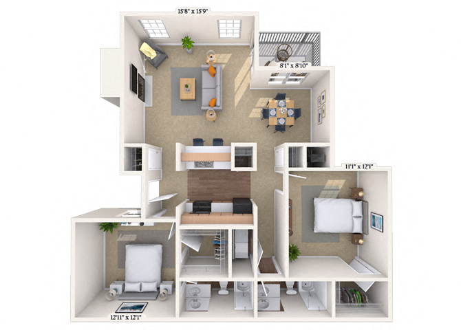 Floor plan for 2 beds, 2 baths, 1025 sqft
