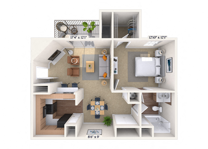 Floor plan for 1 bed, 1 bath, 850 sqft