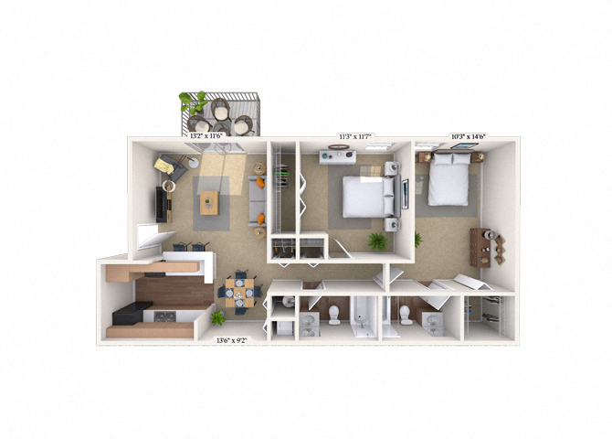 Floor plan for 2 beds, 2 baths, 824 sqft
