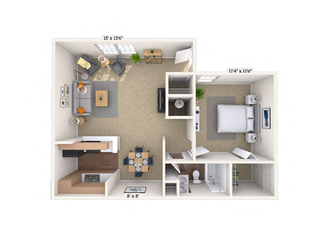 Floor plan for 1 bed, 1 bath, 619 sqft