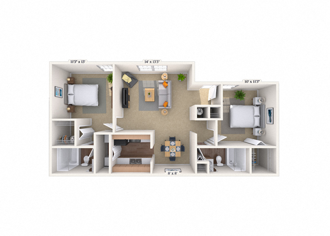 Floor plan for 2 beds, 2 baths, 847 sqft