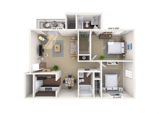 Floor plan for 2 beds, 2 baths, 948 sqft