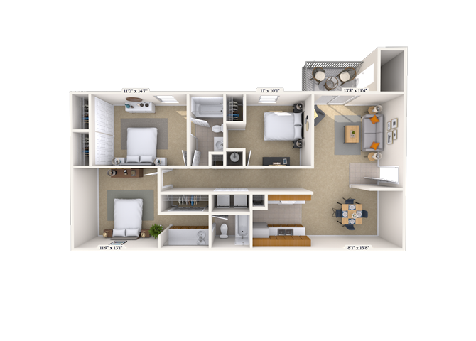 Floor plan for 3 beds, 2 baths, 1284 sqft