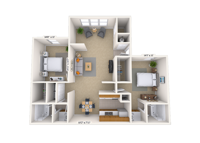 Floor plan for 2 beds, 2 baths, 1188 sqft