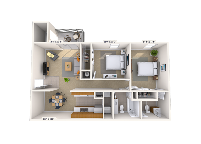 Floor plan for 2 beds, 2 baths, 1044 sqft