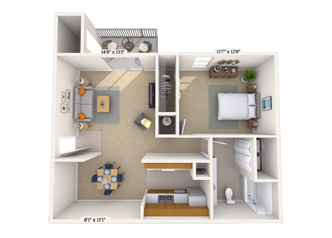Floor plan for 1 bed, 1 bath, 804 sqft