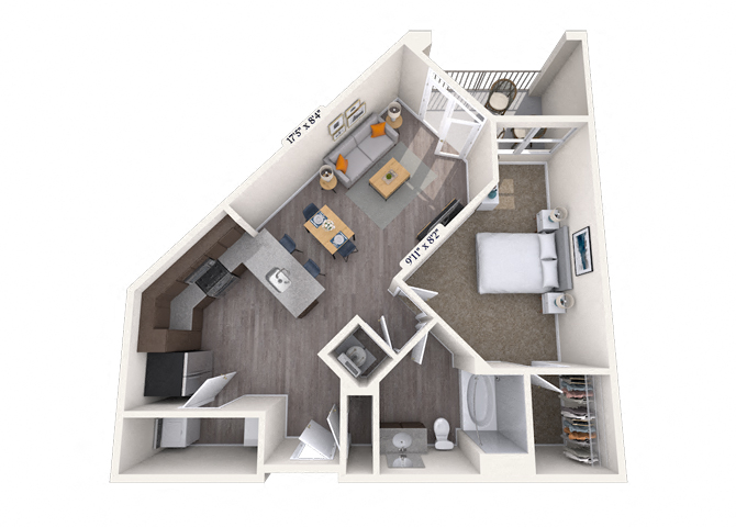 Floor plan for 1 bed, 1 bath, 762 sqft