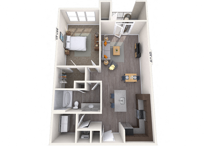 Floor plan for 1 bed, 1 bath, 847 sqft