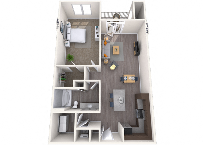 Floor plan for 1 bed, 1 bath, 913 sqft