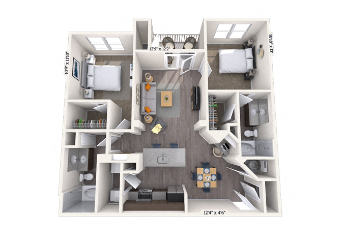 Floor plan for 2 beds, 2 baths, 1121 sqft