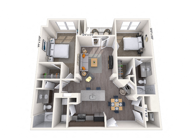 Floor plan for 2 beds, 2 baths, 1152 sqft