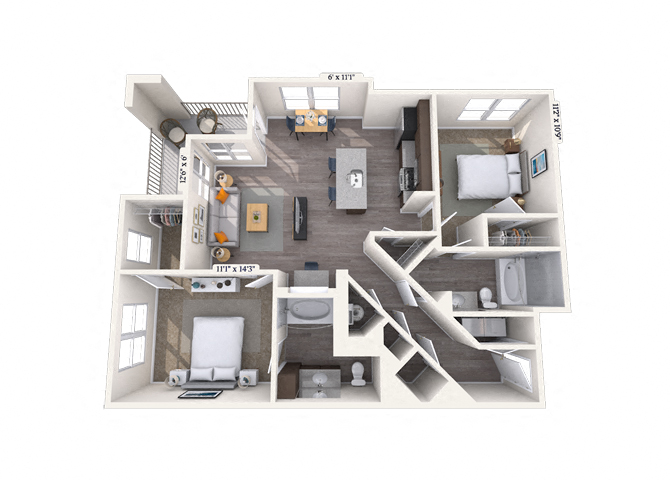 Floor plan for 2 beds, 2 baths, 1142 sqft
