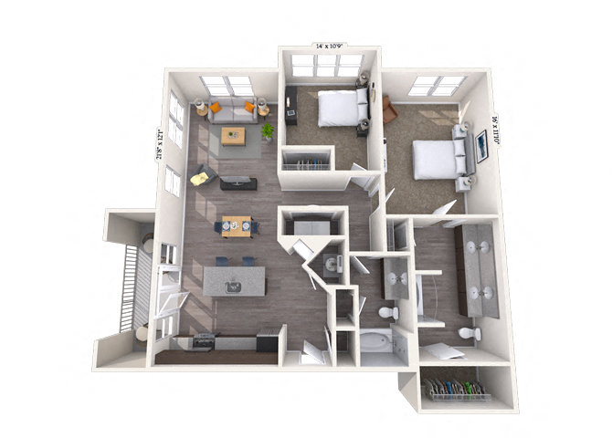 Floor plan for 2 beds, 2 baths, 1216 sqft