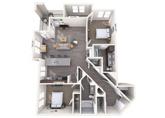 Floor plan for 2 beds, 2 baths, 1362 sqft