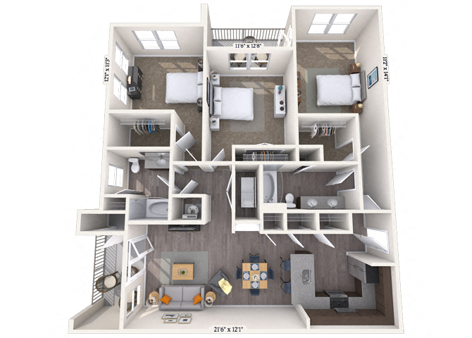 Floor plan for 3 beds, 2 baths, 1380 sqft