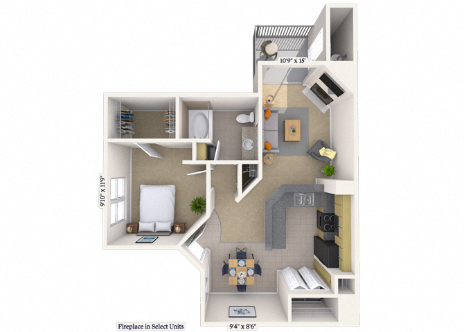 Floor plan for 1 bed, 1 bath, 870 sqft
