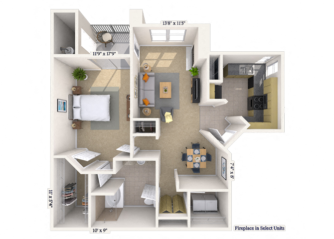 Floor plan for 1 bed, 1 bath, 1009 sqft