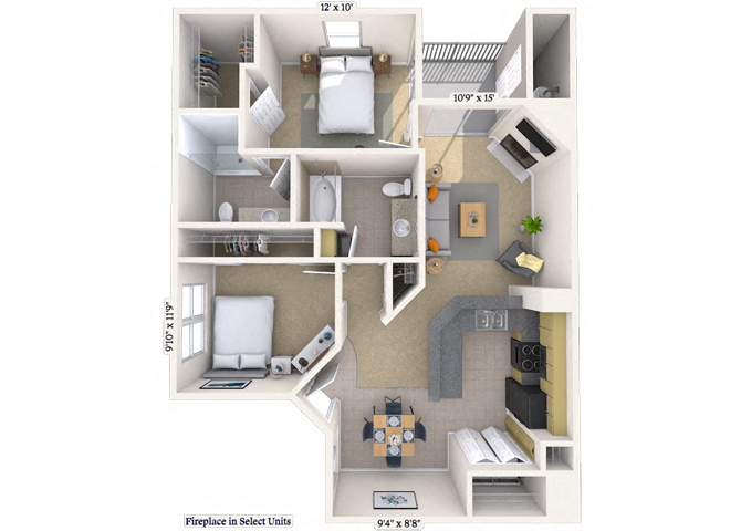Floor plan for 2 beds, 2 baths, 1075 sqft