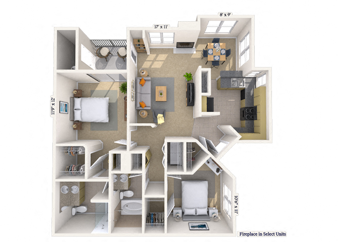 Floor plan for 2 beds, 2 baths, 1165 sqft