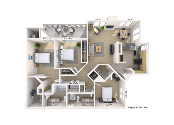 Floor plan for 3 beds, 2 baths, 1475 sqft