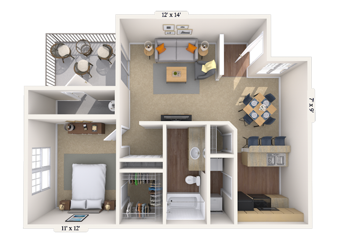 Floor plan for 1 bed, 1 bath, 814 sqft
