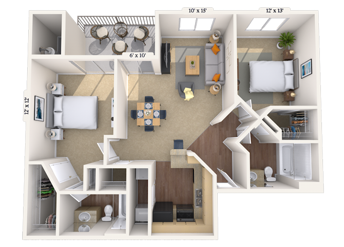 Floor plan for 2 beds, 2 baths, 1063 sqft