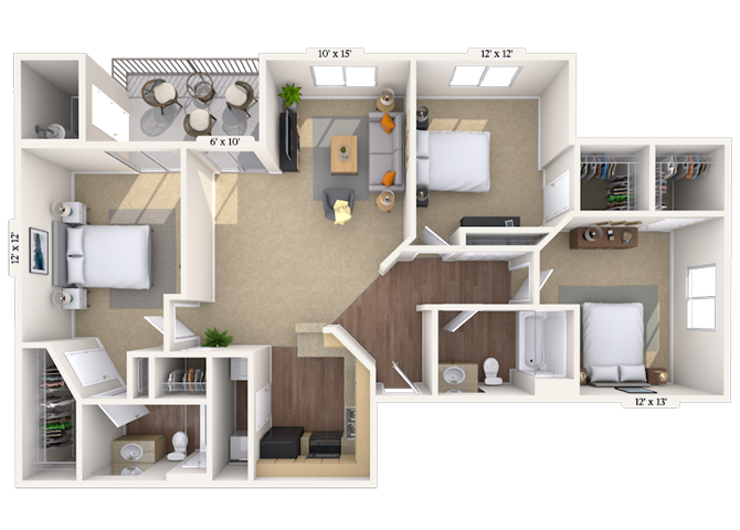 Floor plan for 3 beds, 2 baths, 1263 sqft
