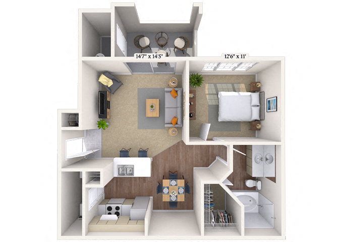 Floor plan for 1 bed, 1 bath, 822 sqft