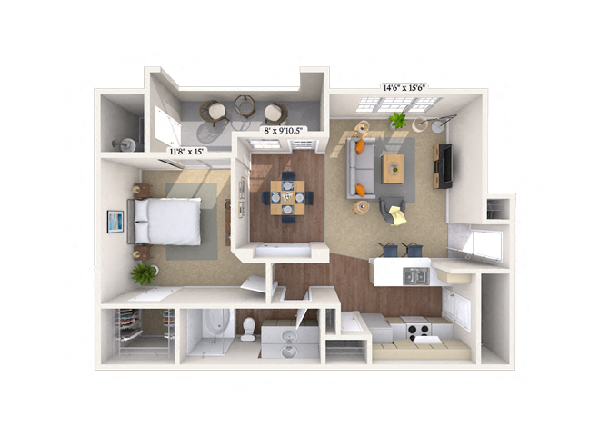 Floor plan for 1 bed, 1 bath, 925 sqft