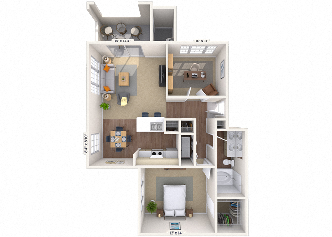 Floor plan for 1 bed, 1 bath, 1040 sqft