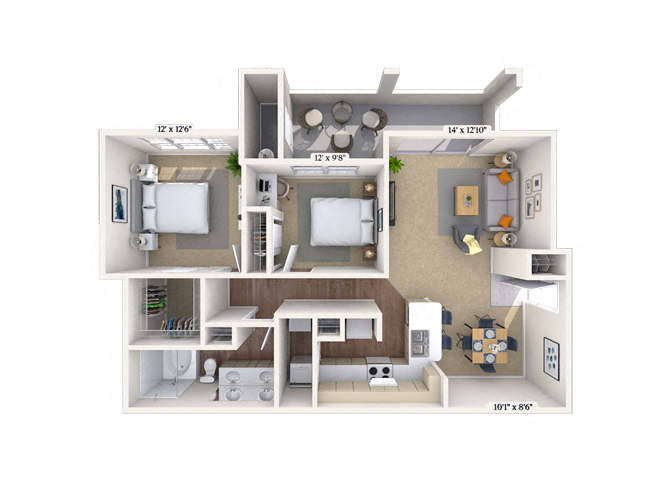 Floor plan for 2 beds, 1 bath, 1132 sqft