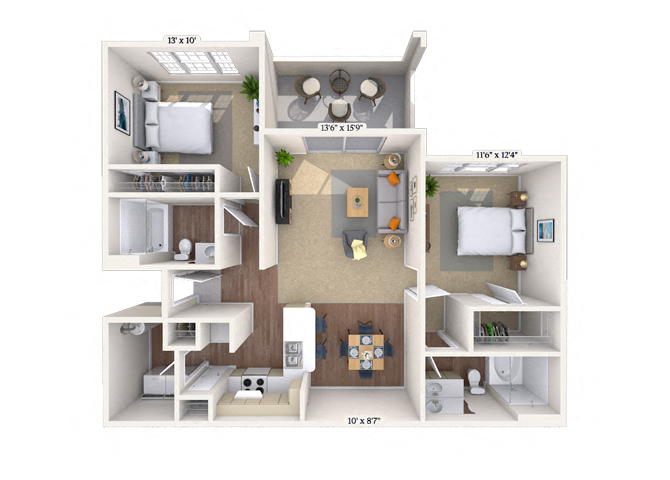 Floor plan for 2 beds, 2 baths, 1136 sqft