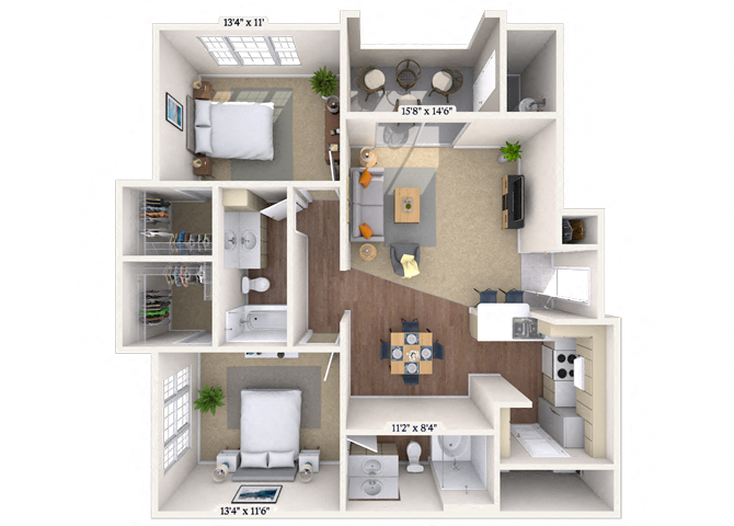Floor plan for 2 beds, 2 baths, 1207 sqft
