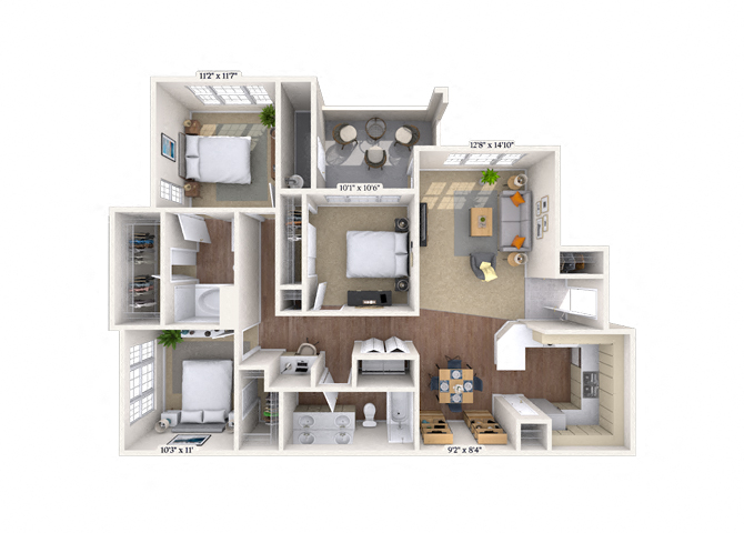 Floor plan for 3 beds, 2 baths, 1370 sqft