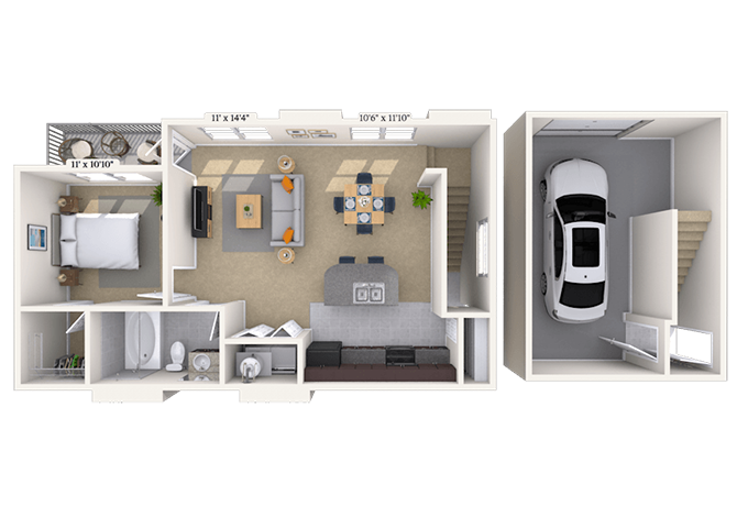 Floor plan for 1 bed, 1 bath, 730 sqft