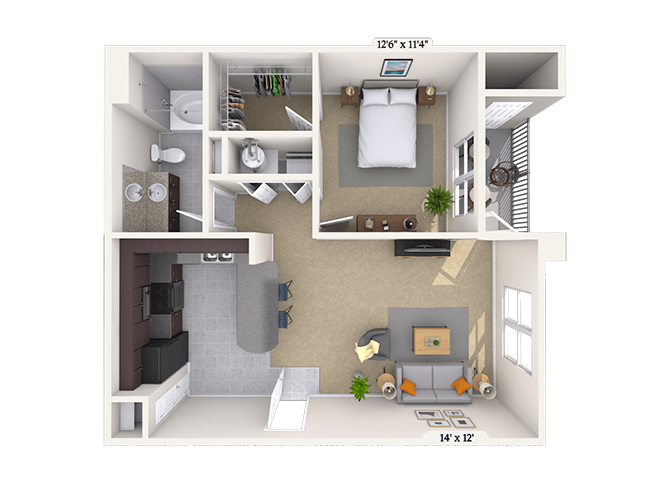 Floor plan for 1 bed, 1 bath, 739 sqft