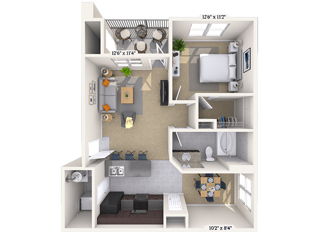 Floor plan for 1 bed, 1 bath, 780 sqft