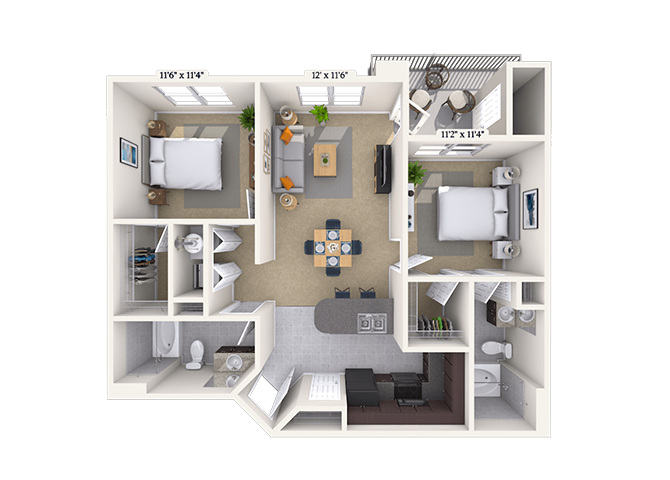Floor plan for 2 beds, 2 baths, 923 sqft