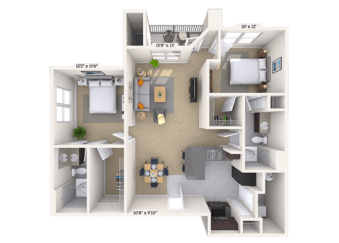 Floor plan for 2 beds, 2 baths, 1009 sqft