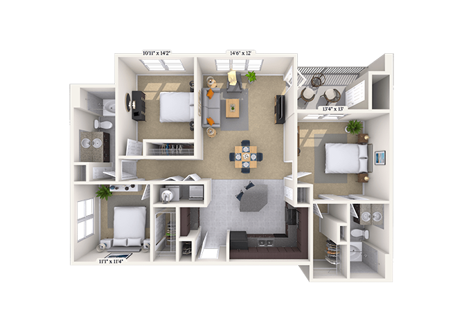 Floor plan for 3 beds, 2 baths, 1245 sqft