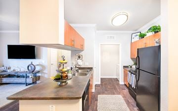Phoenix apartment for rent - a kitchen with stainless steel appliances and a black refrigerator