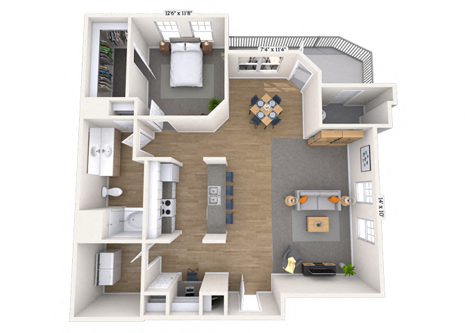 Floor plan for 1 bed, 1 bath, 850 sqft