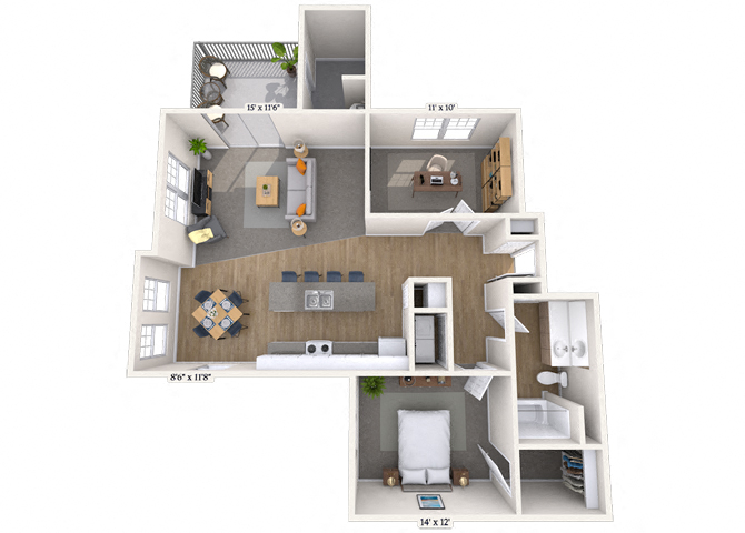 Floor plan for 1 bed, 1 bath, 975 sqft