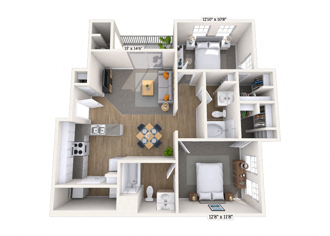 Floor plan for 2 beds, 2 baths, 1060 sqft