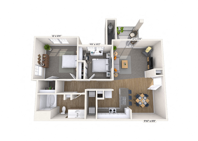 Floor plan for 2 beds, 1 bath, 970 sqft