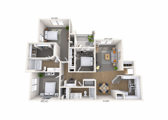 Floor plan for 3 beds, 2 baths, 1322 sqft