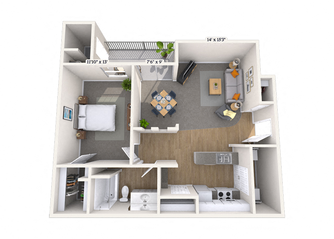 Floor plan for 1 bed, 1 bath, 820 sqft