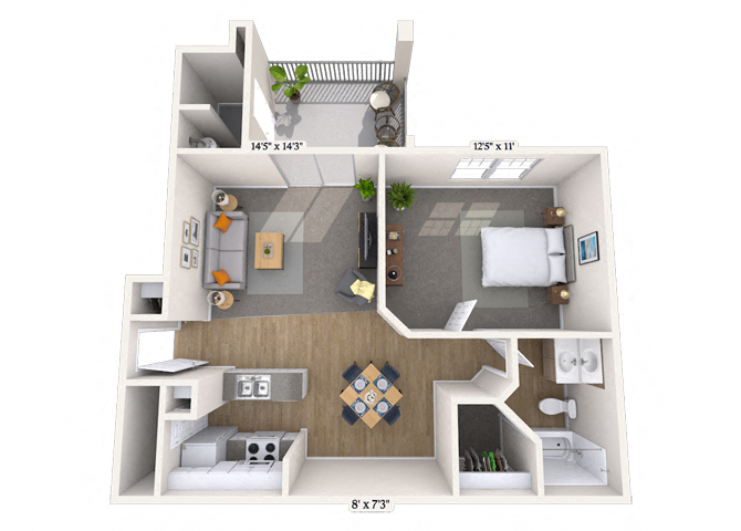 Floor plan for 1 bed, 1 bath, 715 sqft