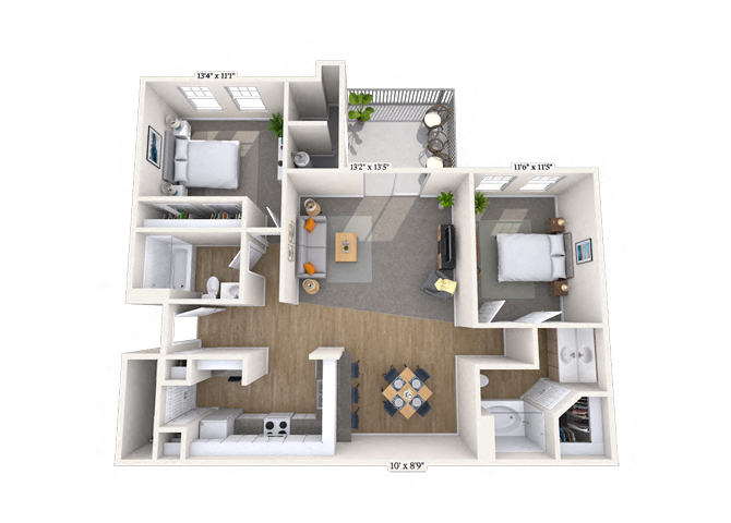 Floor plan for 2 beds, 2 baths, 1085 sqft