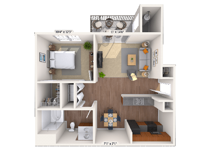 Floor plan for 1 bed, 1 bath, 745 sqft